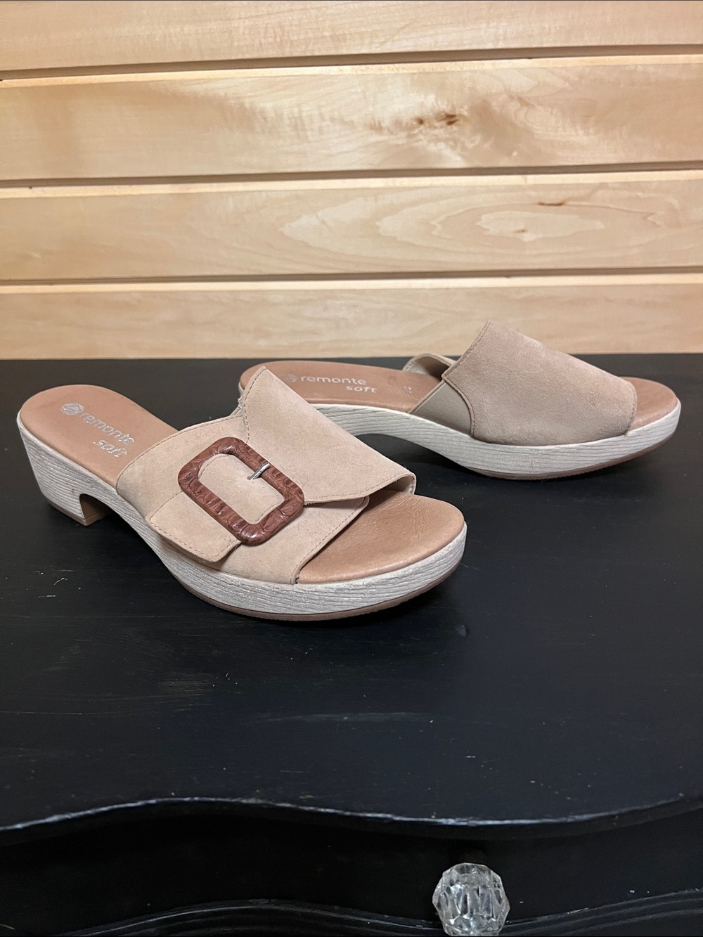 Remonte Taupe Suede Slide Mules with Decorative Buckle